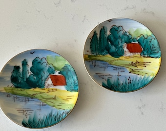 small handpainted plates cottage lake lakehouse / JAPAN / mcm / VINTAGE / set of 2