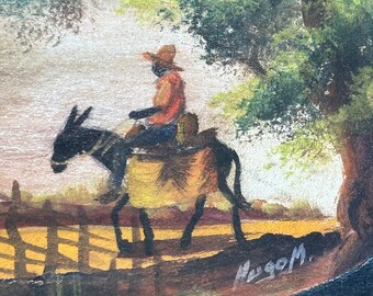 ロバの絵画 ヴィンテージMCM木製絵画：ロバに乗った男性、秋の色彩 - Etsy 日本