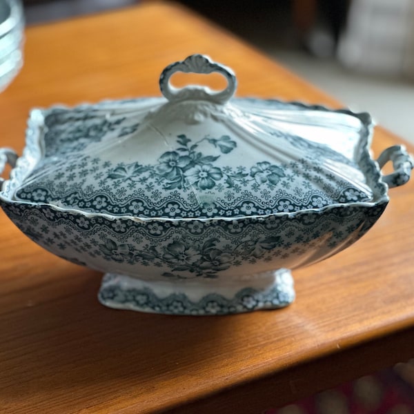 F & Sons “CHATSWORTH” 1890's Tureen / Antique / Downton Abbey / Teal GREEN transferware / Ford and Sons Aquamarine pattern / Pansy