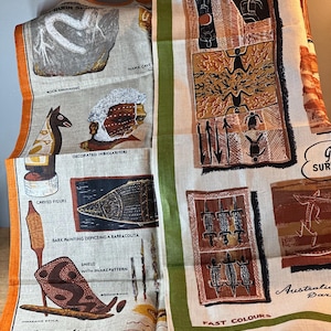 Australian Souvenir Linen Tea Towel ~ Unused Vintage ~ Deadstock ~ Aboriginal Art ~ Surfer&#39;s Paradise