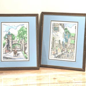 Vintage ink watercolor paintings ~ Quebec City ~ 1973 ~ set of 2 ~ MCM