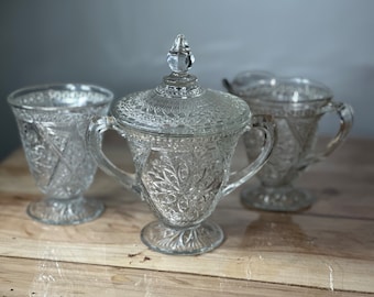 Vintage pressed glass ~ Cream Lidded Sugar and Open Spooner ~ Rosette with Pinwheels by INDIANA GLASS ~