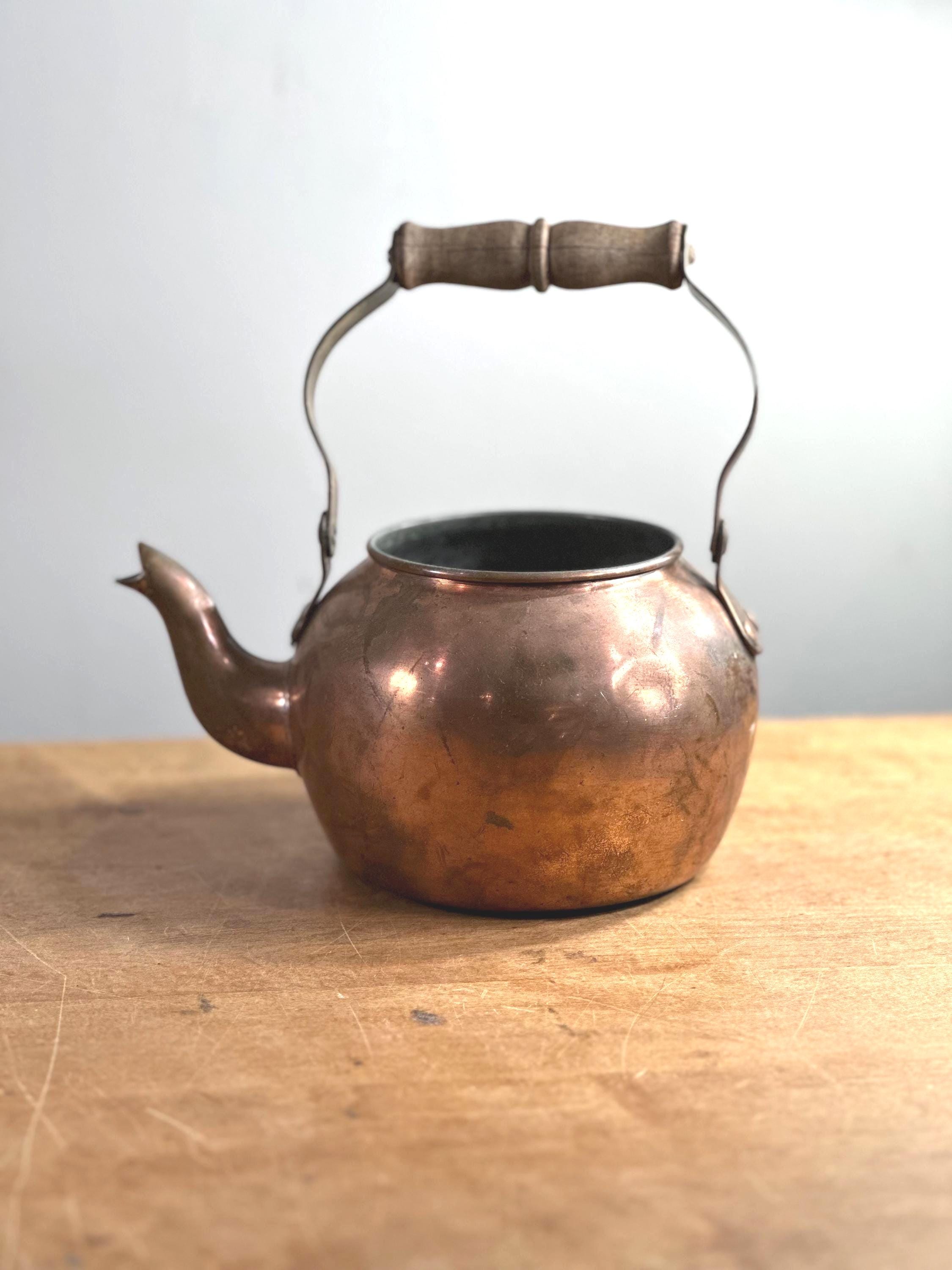 Vintage Portugal Copper Tea Kettle Swan Spout Teapot ~ Wooden