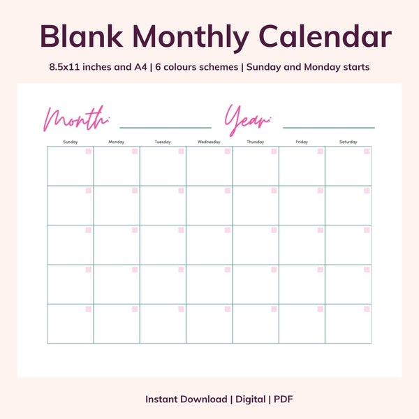 Blank Calender | Blank Calendar | Printable | Downloadable | Monthly | Multi colours | Letter and A4 sizing | Monthly | PDF | Reusable