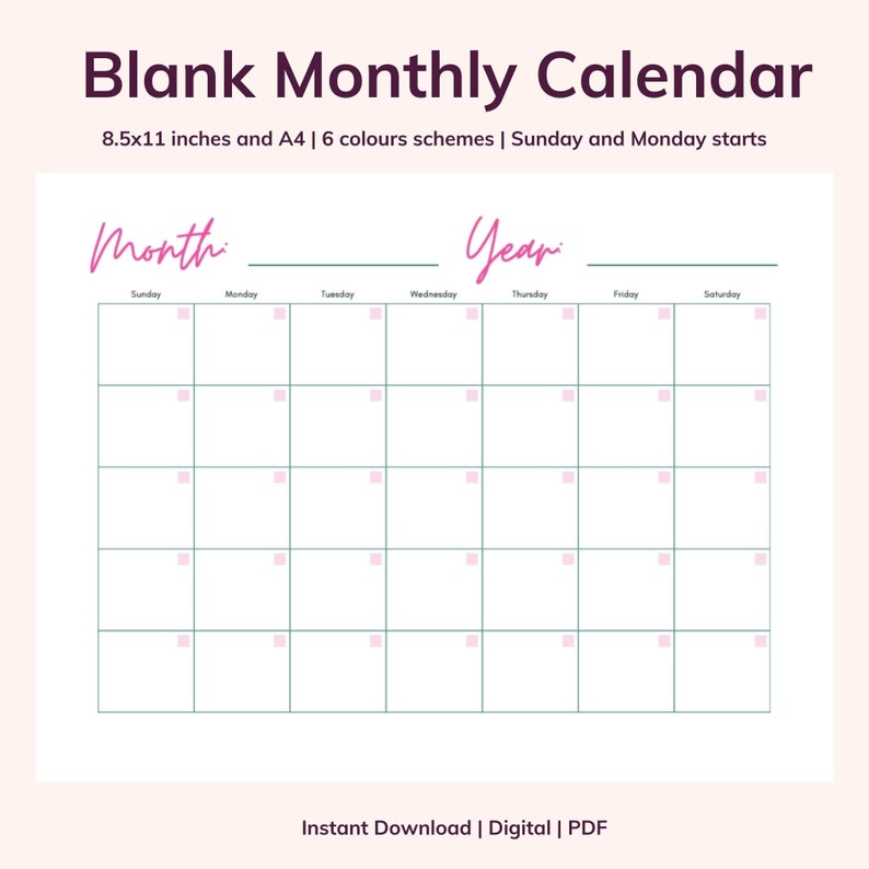 Blank Calender Blank Calendar Printable Downloadable Monthly Multi ...