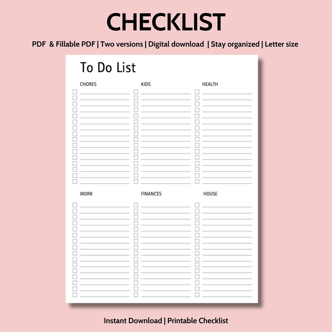 Checklist To Do Task List.pdf To Do List | Simple Checklist | PDF & Fillable PDF | Digital ...