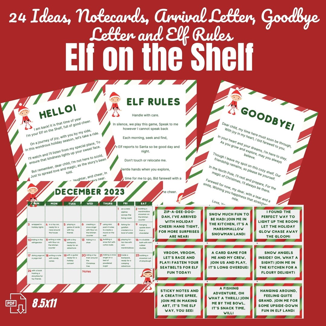 Elf on the Shelf Ideas Elf Calendar of Ideas and Matching Notes Arrival