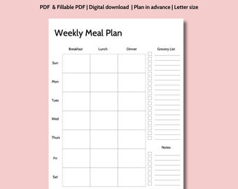 Puede incluir: Un planificador de comidas semanal imprimible con secciones para el desayuno, el almuerzo, la cena y una lista de la compra. El planificador también incluye una sección de notas y un espacio para el día de la semana. El planificador está en blanco y negro y tiene un diseño sencillo.