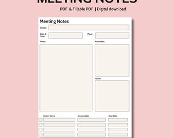 Meeting Minutes Template | Meeting Notes | Meeting Agenda | Meeting Template | PDF & PDF Fillable | Letter Size