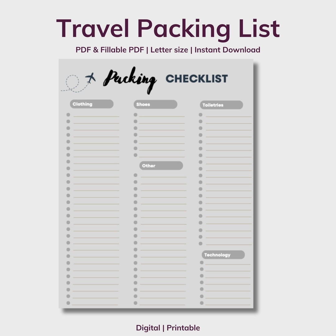 Travel Packing List | Travel Checklist | PDF & Fillable PDF | Printable ...