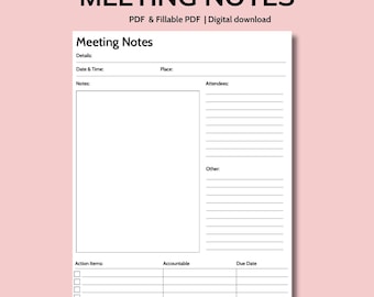 Meeting Notes | Meeting Minutes | Meeting Agenda | Meeting Template | PDF & PDF Fillable | Letter Size