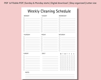May include: A printable cleaning checklist with a weekly schedule, daily tasks, and a section for notes. The checklist is designed for a week starting on Sunday.