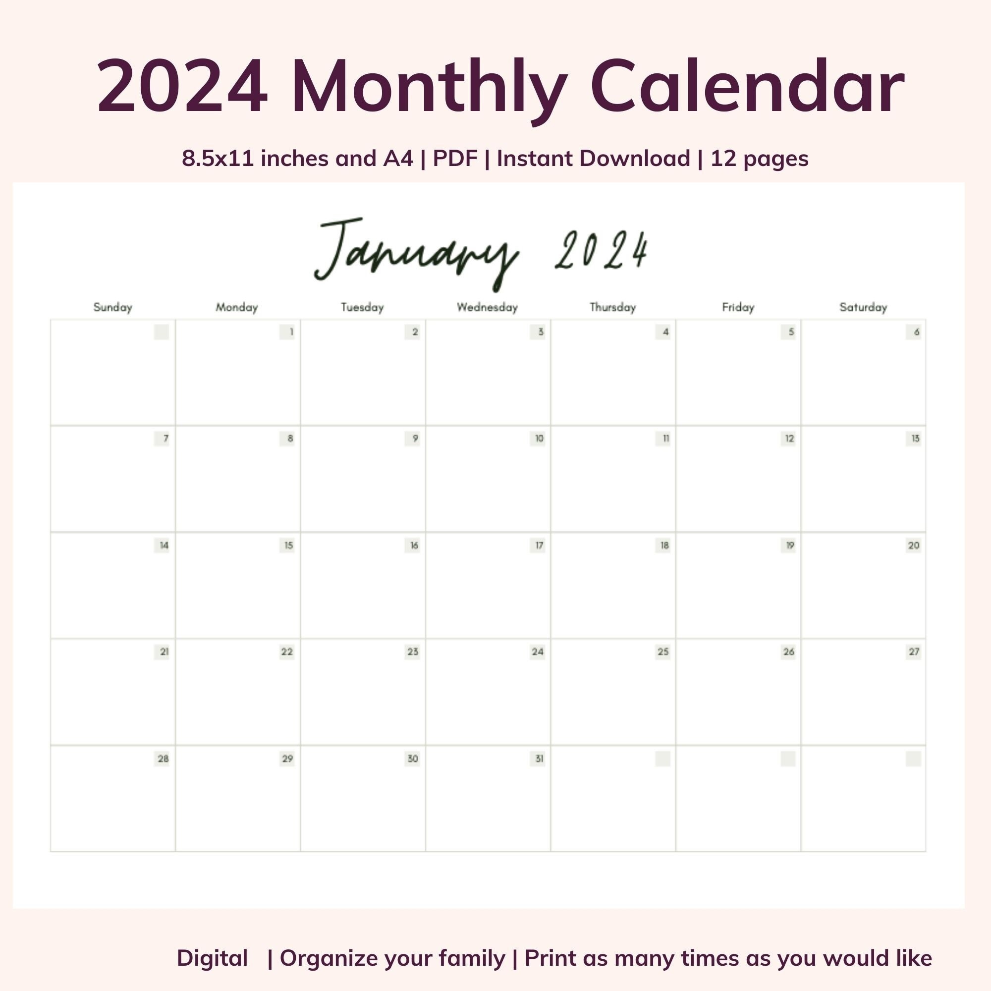 Blank Calender 2024 Calender Monthly Calendar Printable Digital 2024