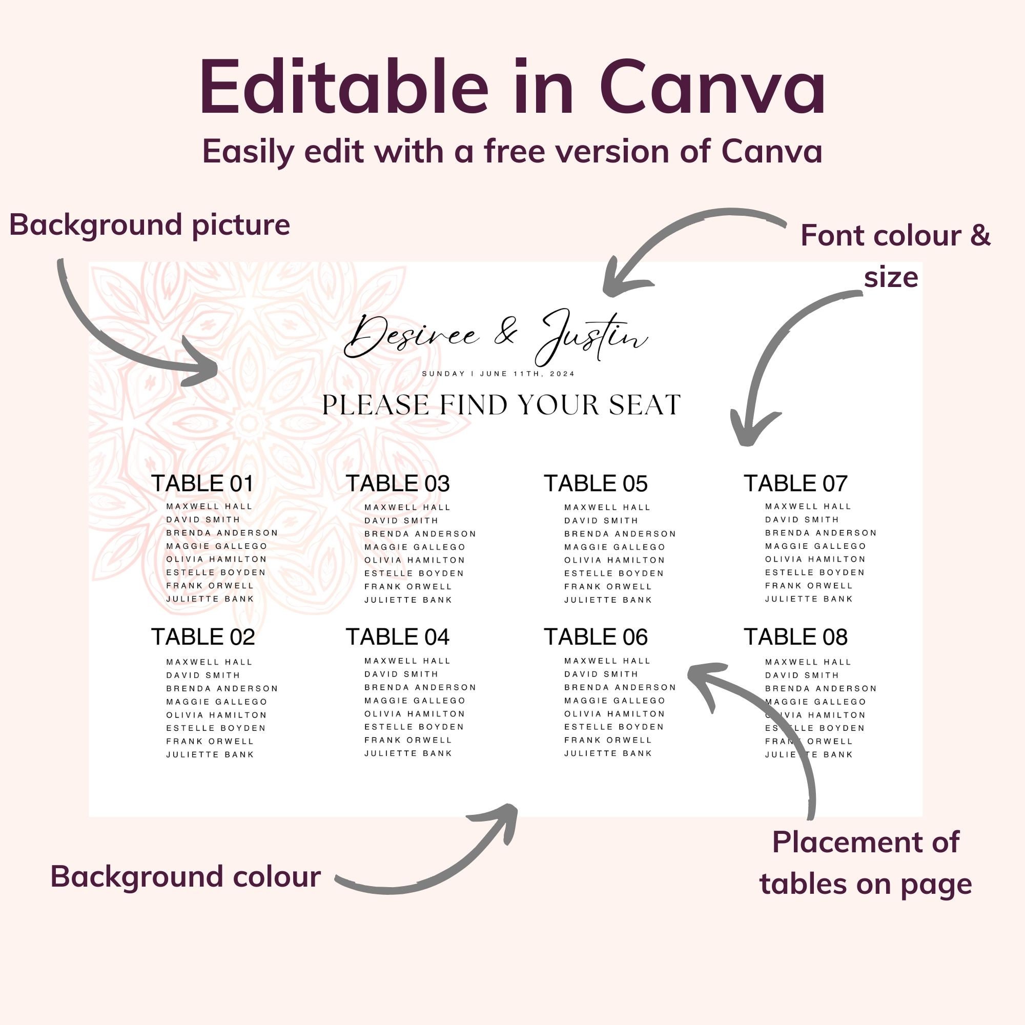 Wedding Seating Chart | Seating Chart | Seating Template | Editable ...