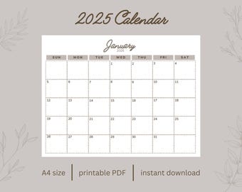 Printable 2025 monthly calendar | A4 landscape wall calendar | Sunday start