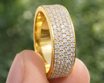 5 Row Moissanite Pave Wedding Band Men, VVS1 D Color Full Eternity Ring, Anniversary Gift for Husband, Lab Diamond Look