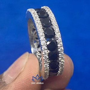 Black Moissanite Mens Eternity Band, White Moissanite Wedding Ring For Men, Mens Engagement Ring, Anniversary Gift For Him, Rapper Jewellery