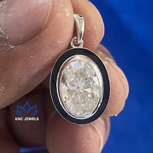 2.9ct Collet Set Georgian Style Cut Down Button Back Enamel Elongated Oval Lab Grown Diamond Necklace, Edwardian Ball Chain Victorian Style