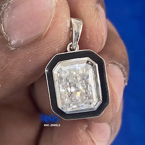Georgian Cut Down Set Moissanite Pendant, Georgian Victorian Style Pendant, Black Enamel Radiant Cut Moissanite Necklace with Ball Chain
