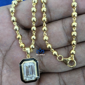 Georgian Style Emerald Cut Moissanite Pendant Necklace, Sterling Silver Ball Chain