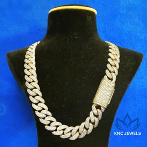 Moissanite Iced Out Miami Kubański naszyjnik łańcuchowy, 925 srebro próby 925 żółty rod, biżuteria raperów, męski błyszczący naszyjnik, bez niklu