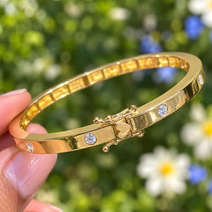 1 TCW Round Cut Lab Grown Diamond Bangle in 14K Yellow Gold Plated under 925 Sterling Silver, Bezel set Lab Diamond Bangle with Push Lock