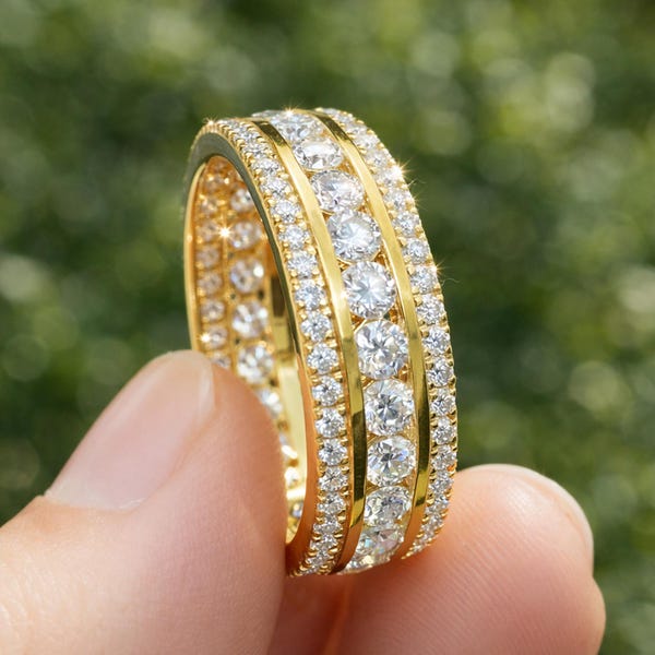 Men's Moissanite Wedding Band 14K Yellow Gold, Full Eternity Ring for Him, Anniversary Gift, Diamond Alternative, Comfort Fit Band