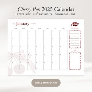 cherry calendar | 2025 printable calendar | cherry bow calendar | cute mauve calendar | coquette retro calendar | landscape calendar PDF