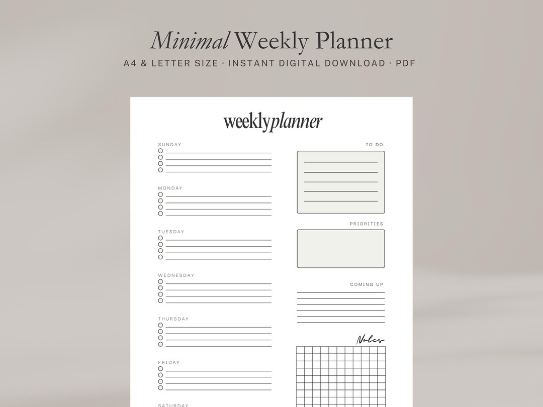 Minimal Weekly Planner Printable | A4, Letter Size (digital Download ...