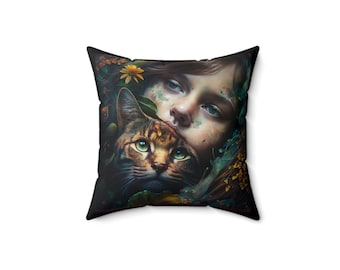 Nostalgic Comfort: A Pillow with a Girl and Her Cat ©2023. Cushion, ships from the United States.
