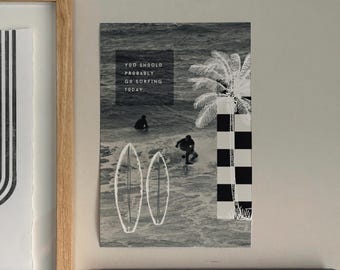Vintage Surf Collage Poster, Abstract Ocean Design Original Art