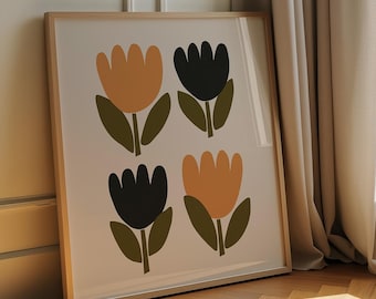 Impression tulipe en téléchargement numérique Art rétro botanique affiche impressions carrées milieu du siècle moderne fleur mur impression d'art abstrait impression d'art floral