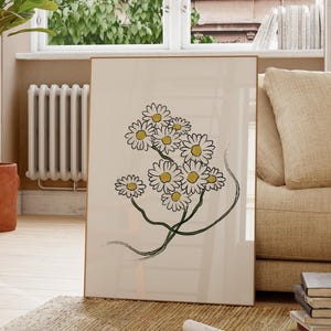 Kamille bunte Kräuter Linie Art Print, druckbare Boho botanische Teeplakat, minimale moderne wilde Blumen-Wand-Dekor, Hand gezeichnete Blumenkunst