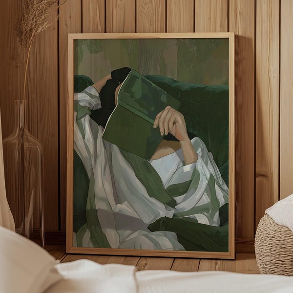 Emerald Green Reading Woman Wall Art Large Abstract People Poster Cozy Striped Art Portrait Minimalist Contemporary Digital Download