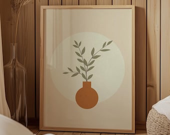 Japońska sztuka ścienna z motywem botanicznym, minimalistyczny nadruk na wazonie z terakoty, neutralny wystrój w stylu wabi sabi, zielona skandynawska sztuka ścienna z roślinami do pobrania w wersji cyfrowej
