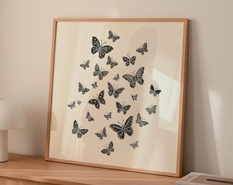 Butterfly Linocut Print, Modern Folk Art Butterfly Print, Scandinavian Minimalist Wall Art, Nordic Neutral Decor, Square Digital Download