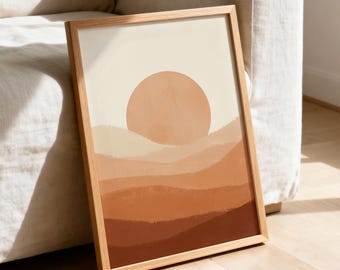 Terracotta Sunset Wall Art, Minimalist Boho Desert Landscape Print Scandinavian Abstract Mountain Art, Orange Japandi Decor Digital Download
