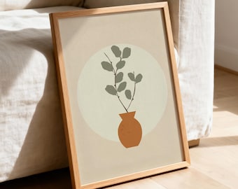 Japońska sztuka ścienna z motywem botanicznym, minimalistyczny nadruk na wazonie, neutralny eukaliptus, wystrój wabi sabi, skandynawska terakota z motywem botanicznym, pobieranie cyfrowe