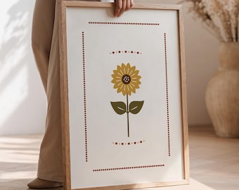 Scandinavische volkskunst zonnebloem vintage bloemsierkunst print boerderij decor rustieke muur kunst botanische prints digitale download minimalistische poster