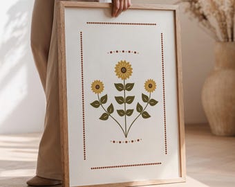 Folk Art Sunflower Vintage Floral Print Downloadable Prints Scandinavian Nordic Rustic Botanical Prints Cottagecore Decor Farmhouse Wall Art