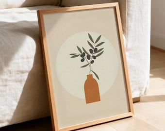Quadro moderno giapponese con ramo d'ulivo, stampa botanica minimalista con vaso, decorazione neutra Wabi Sabi, download digitale in stile scandinavo terracotta.