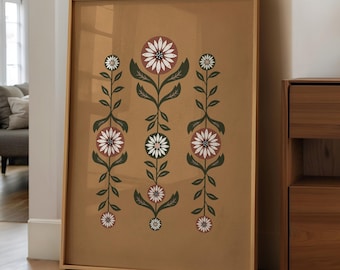 Earthy Vintage Floral Motifs Print: Rustic Scandinavian Folk Art, Cottagecore Decor (Digital Download)
