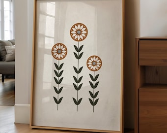 Folk Floral Wall Art Print • Rustic Botanical Downloadable Art • Earthy Cottagecore Decor • Scandinavian Folk Art • Minimalist Flower Poster