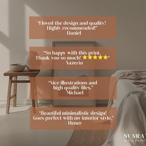 May include: Interior scene featuring a wooden side table with a ceramic bowl and vase. A framed print is present, with customer reviews in brown boxes. The text includes "SUNRAY WALL PRINTS".