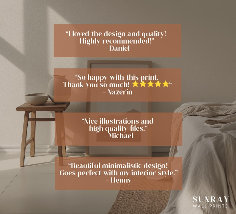 May include: Interior scene featuring a wooden side table with a ceramic bowl and vase. A framed print is present, with customer reviews in brown boxes. The text includes "SUNRAY WALL PRINTS".