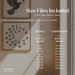 May include: A wall art print size guide with the text "Size Files Included" and "Print Your Perfect Size!". The guide lists square print sizes in inches and centimetres, ranging from 5"x5" (13x13cm) to 36"x36" (91x91cm). The Sunray Wall Prints logo is at the bottom.