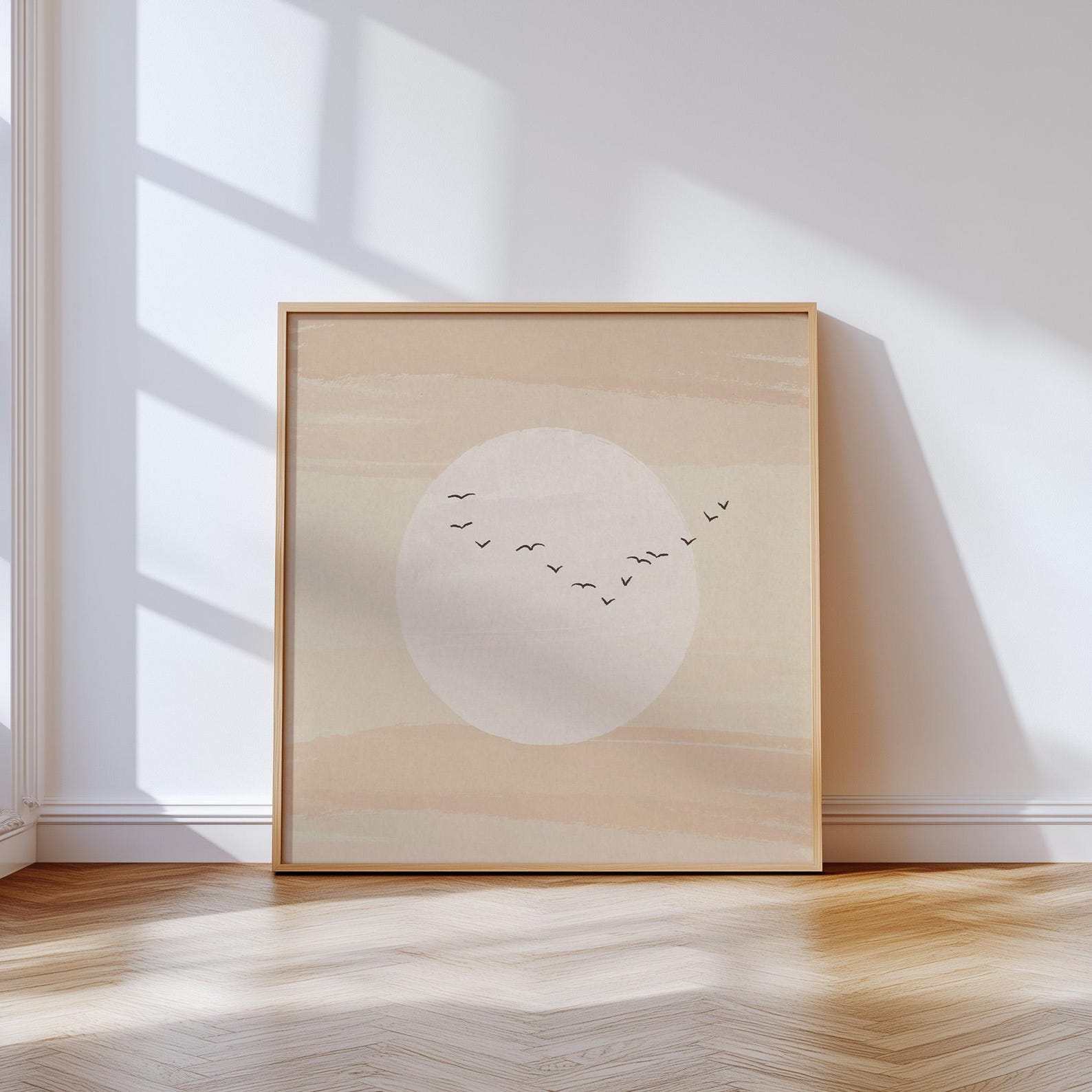 Japandi Wall Art Print Minimalist Moon Poster With Birds Square Wabi ...