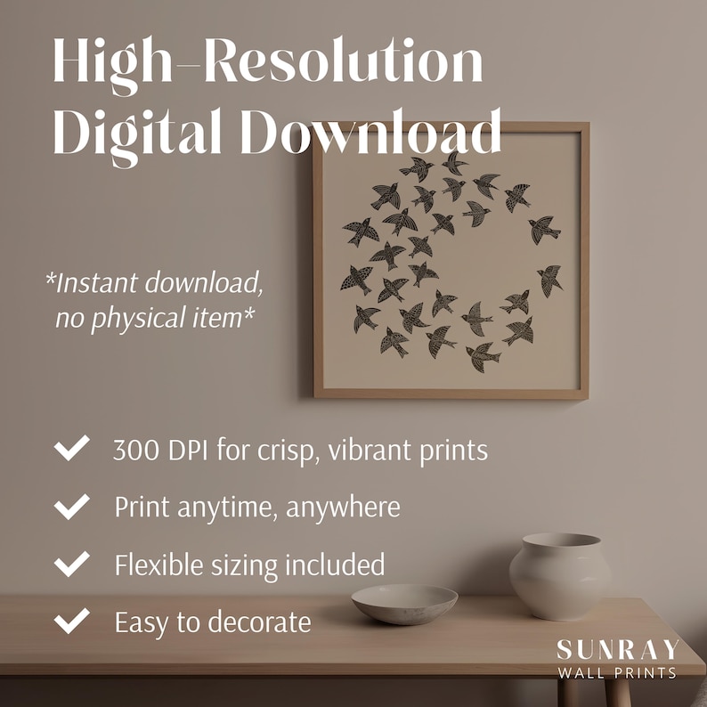 May include: A framed print with a flock of black birds on a beige background. The text at the top says "High-Resolution Digital Download". Additional text includes "Instant download, no physical item", and details about print quality and sizing.