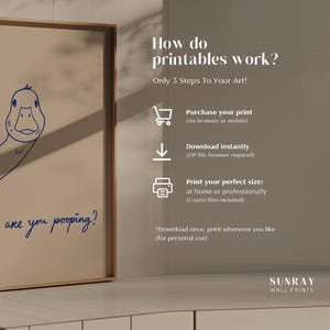 May include: A framed print with a cartoon duck illustration and the question "are you pooping?" in blue script. The print also includes instructions on how printables work, with icons and text. The Sunray Wall Prints logo is at the bottom.