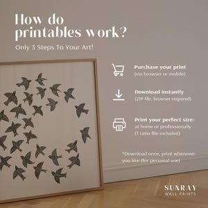 May include: A framed print with a flock of black birds in a circular design on a cream background. The text at the top says "How do printables work?" and details the steps to purchase, download, and print.